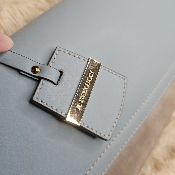 A. Bellucci Blue and Gray Clutch with Gold Chain Strap - Picture 5 of 11